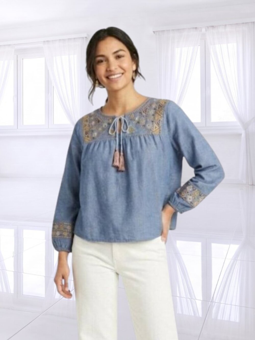 Rebellion Blue Chambray Embroidered Boho Peasant Blouse Top Size Small